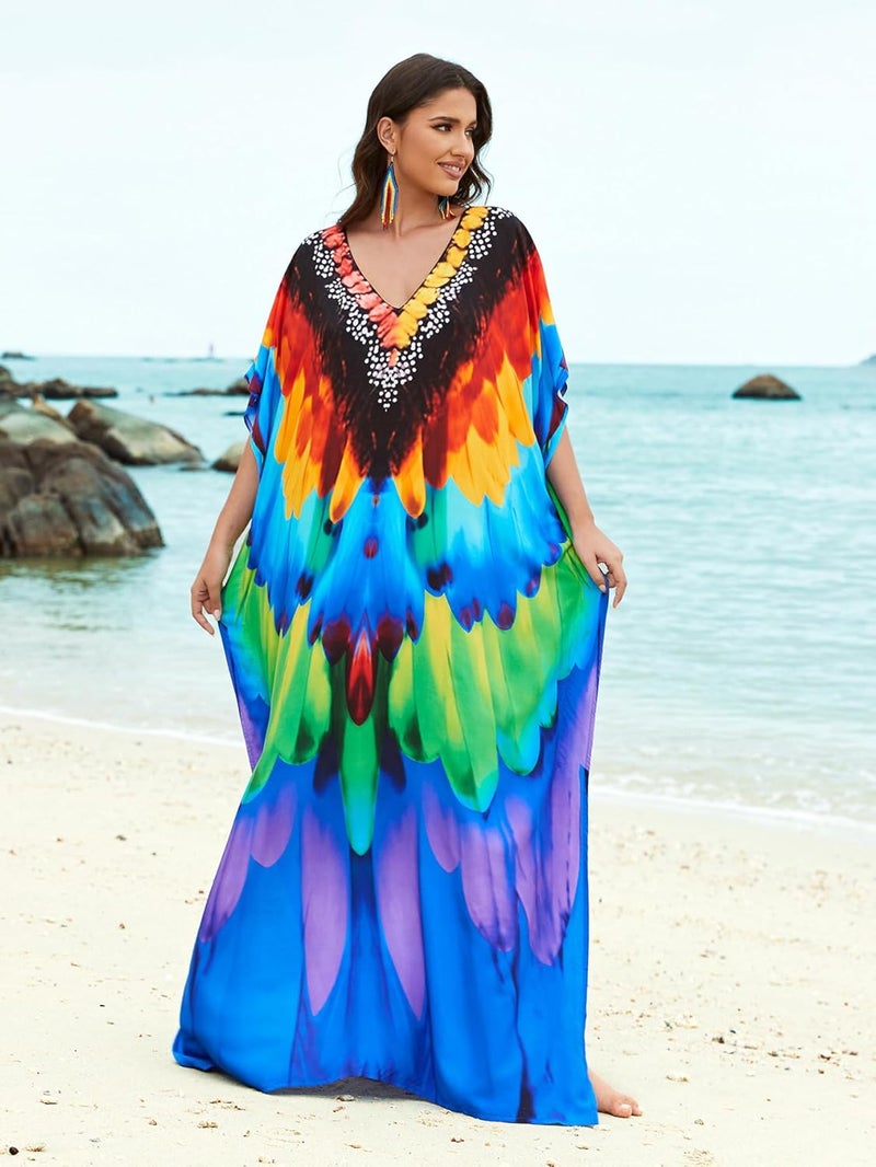 IMAGEKOPE Women's Plus Size Loose Fit Moroccan Print V-Neck Batwing Kaftan Beach Dress Bathing Suit Cover Up - Image 3